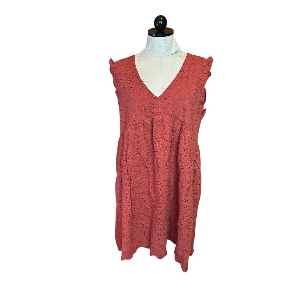 KNOX ROSE Dusty Rose All over Eyelet Boho Dress Sleeveless Sz L Cotton‎ V-Neck